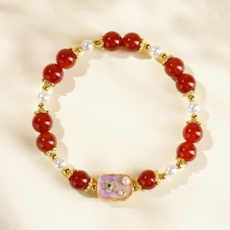 Handcrafted Natural Red Agate & Shell Pearl Bracelet - Buddha Bodhis
