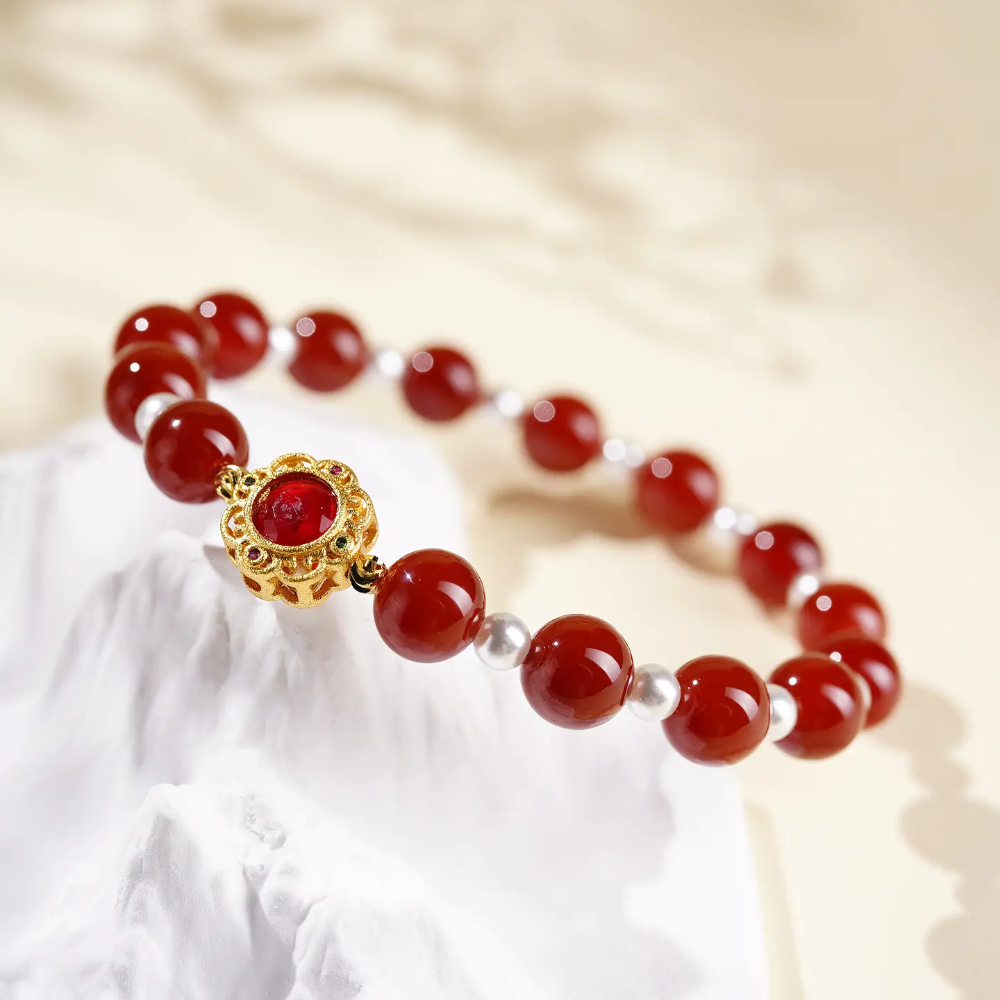 Handcrafted Natural Red Agate & Shell Pearl Bracelet - Buddha Bodhis