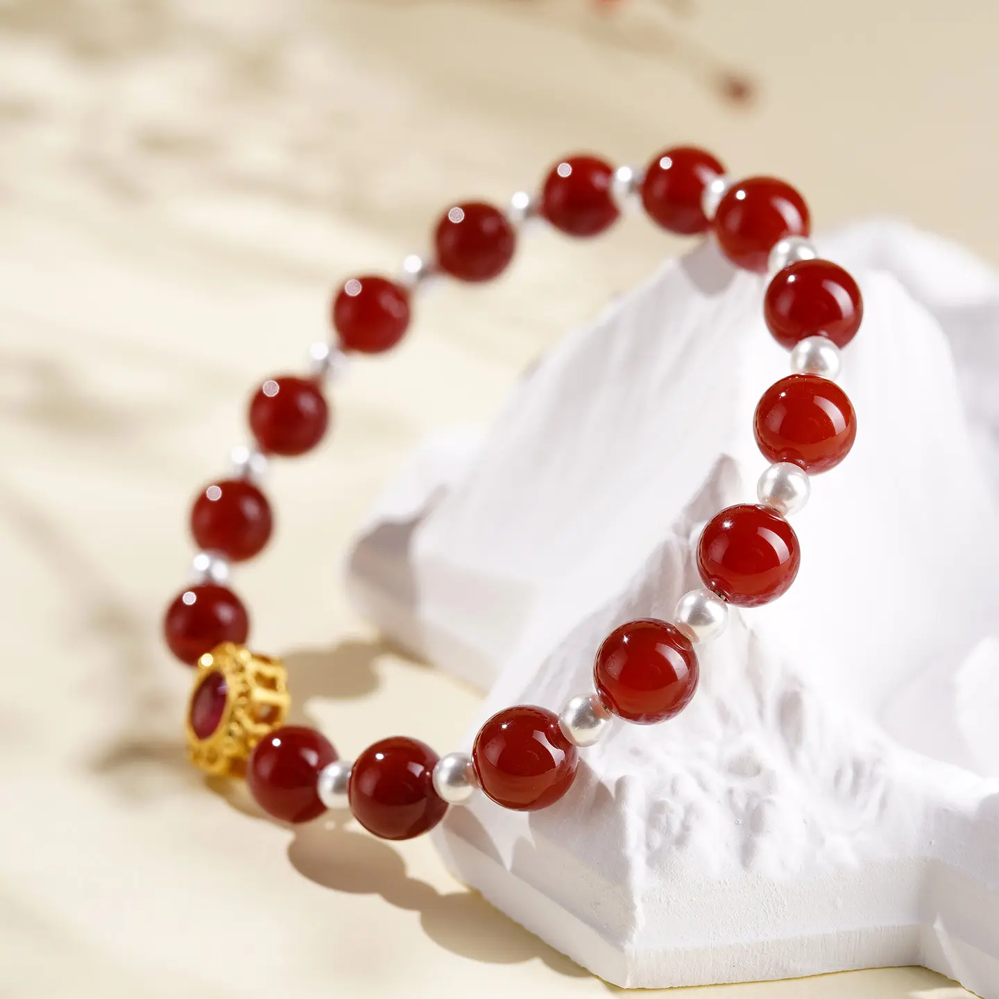 Handcrafted Natural Red Agate & Shell Pearl Bracelet - Buddha Bodhis