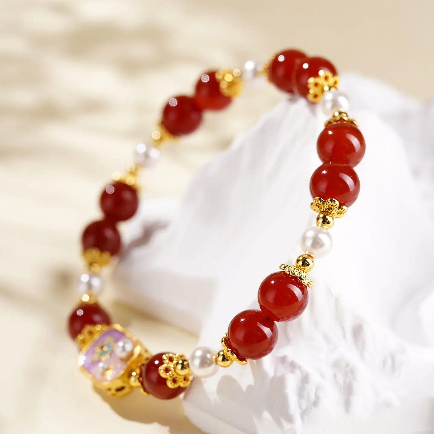 Handcrafted Natural Red Agate & Shell Pearl Bracelet - Buddha Bodhis
