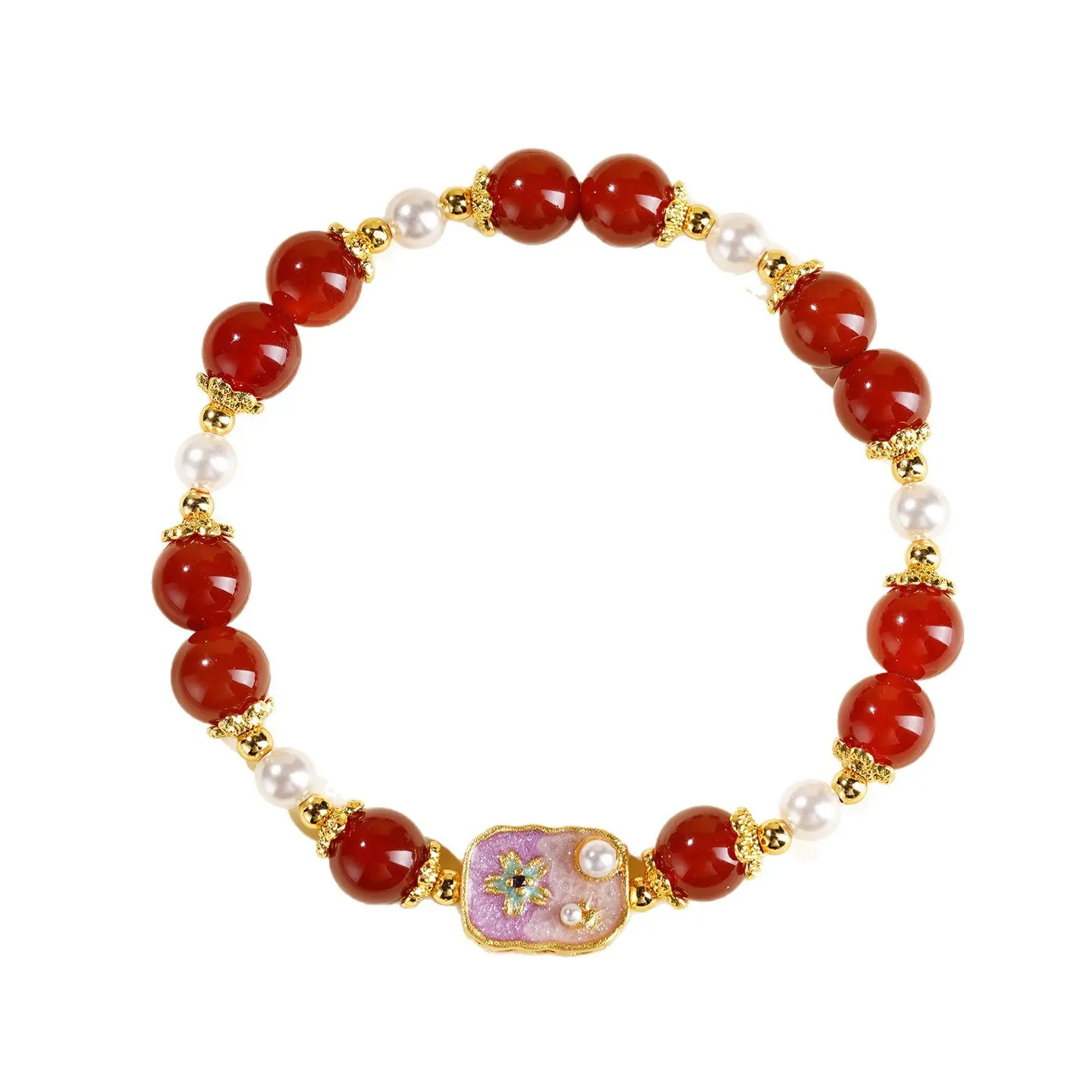 Handcrafted Natural Red Agate & Shell Pearl Bracelet - Buddha Bodhis