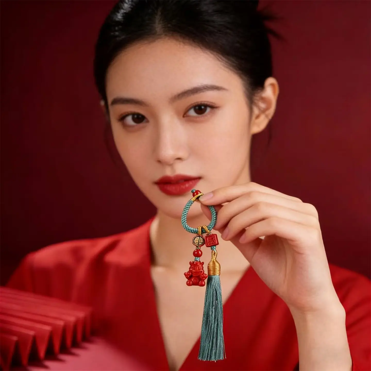 Handcrafted Natural Red Cinnabar Prosperity on Horseback Keychain 2026 Zodiac Wealth Amulet