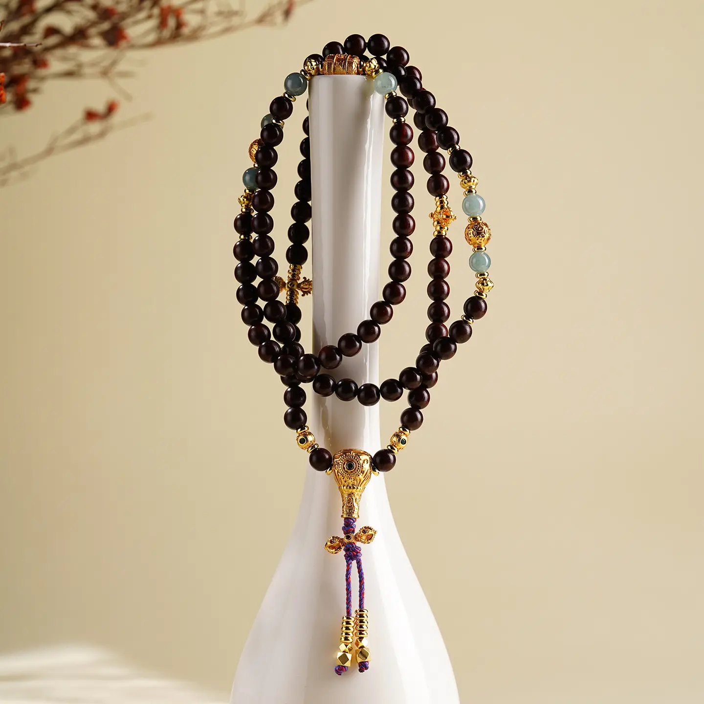 Handcrafted Natural Red Sandalwood & Jadeite Multi-wrap Bracelet - Buddha Bodhis