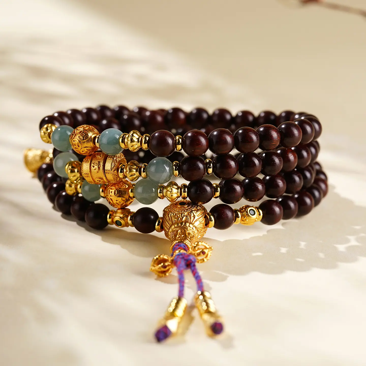 Handcrafted Natural Red Sandalwood & Jadeite Multi-wrap Bracelet - Buddha Bodhis