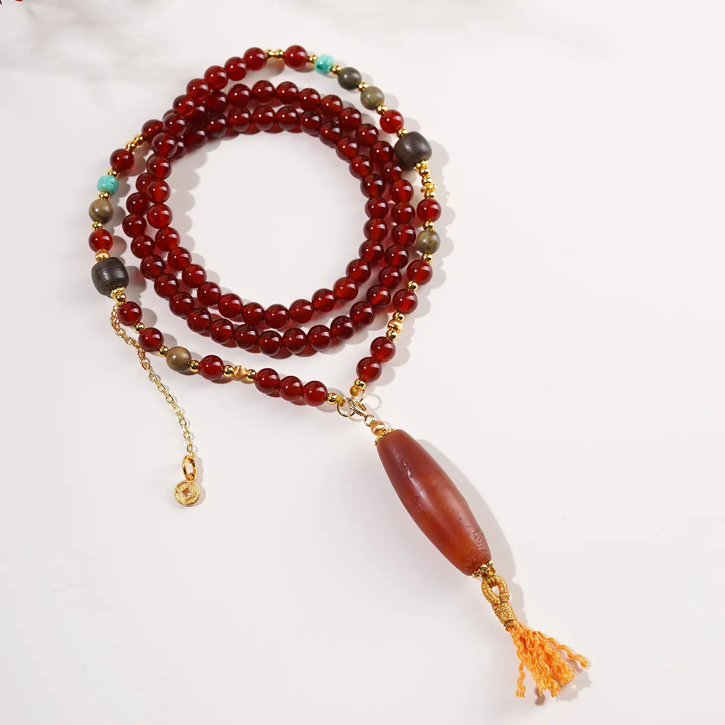 Handcrafted Red Agate Mala Necklace - Ethnic Eaglewood & Turquoise Amulet