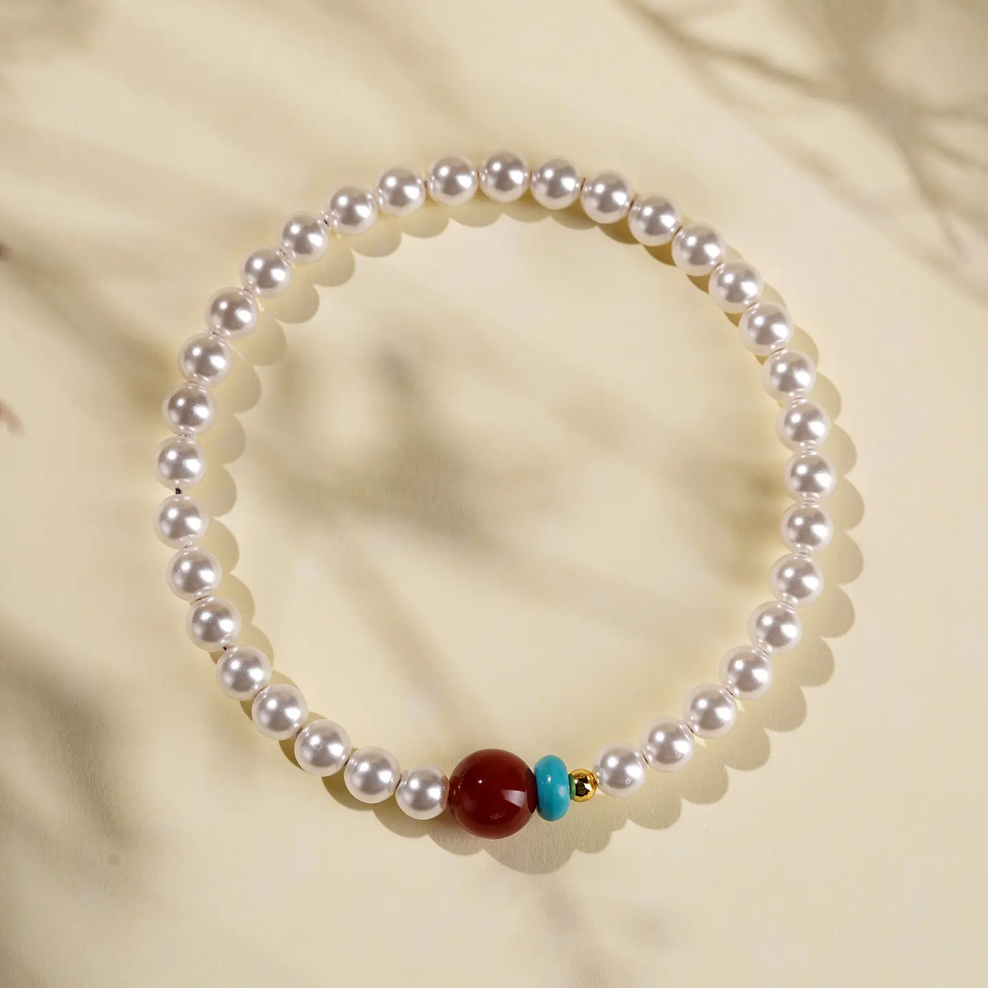 Handcrafted Shell Pearl & Red Agate Bracelet Vitality & Serenity