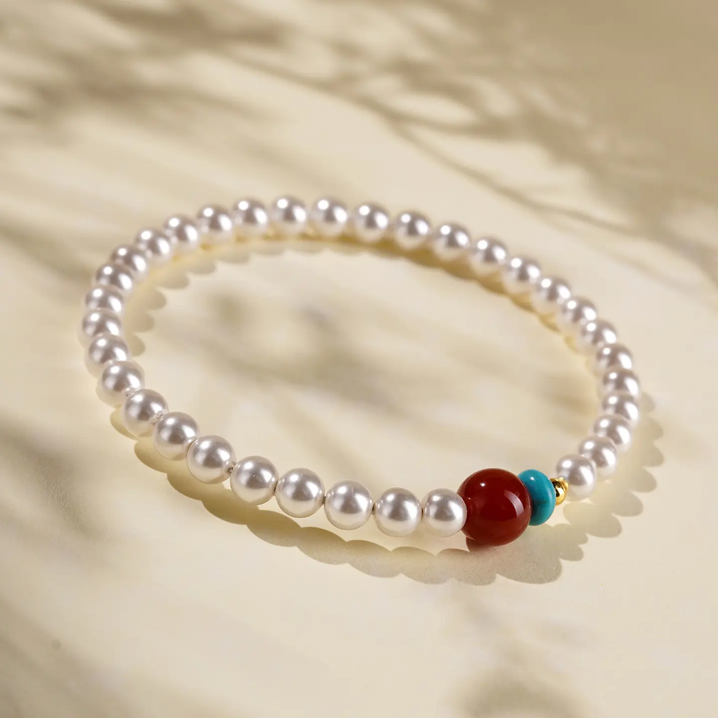 Handcrafted Shell Pearl & Red Agate Bracelet Vitality & Serenity