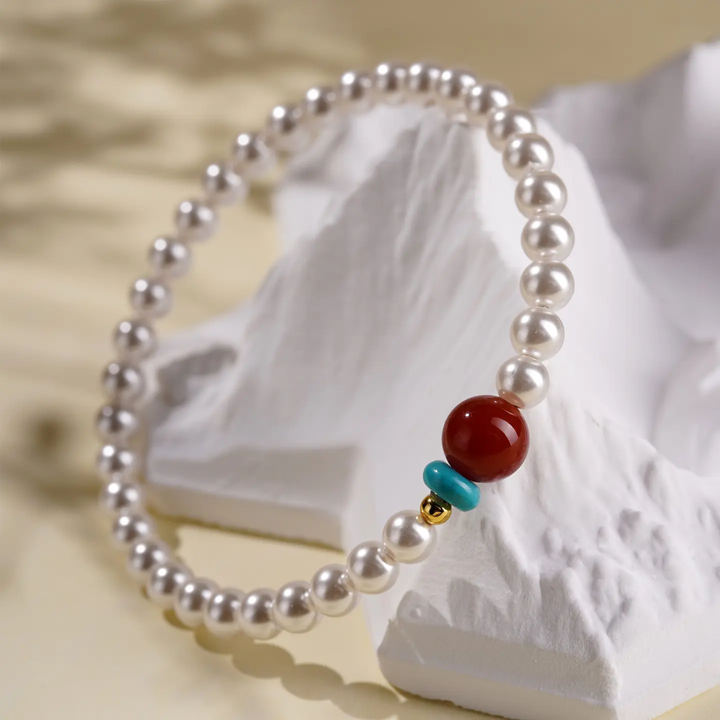 Handcrafted Shell Pearl & Red Agate Bracelet Vitality & Serenity