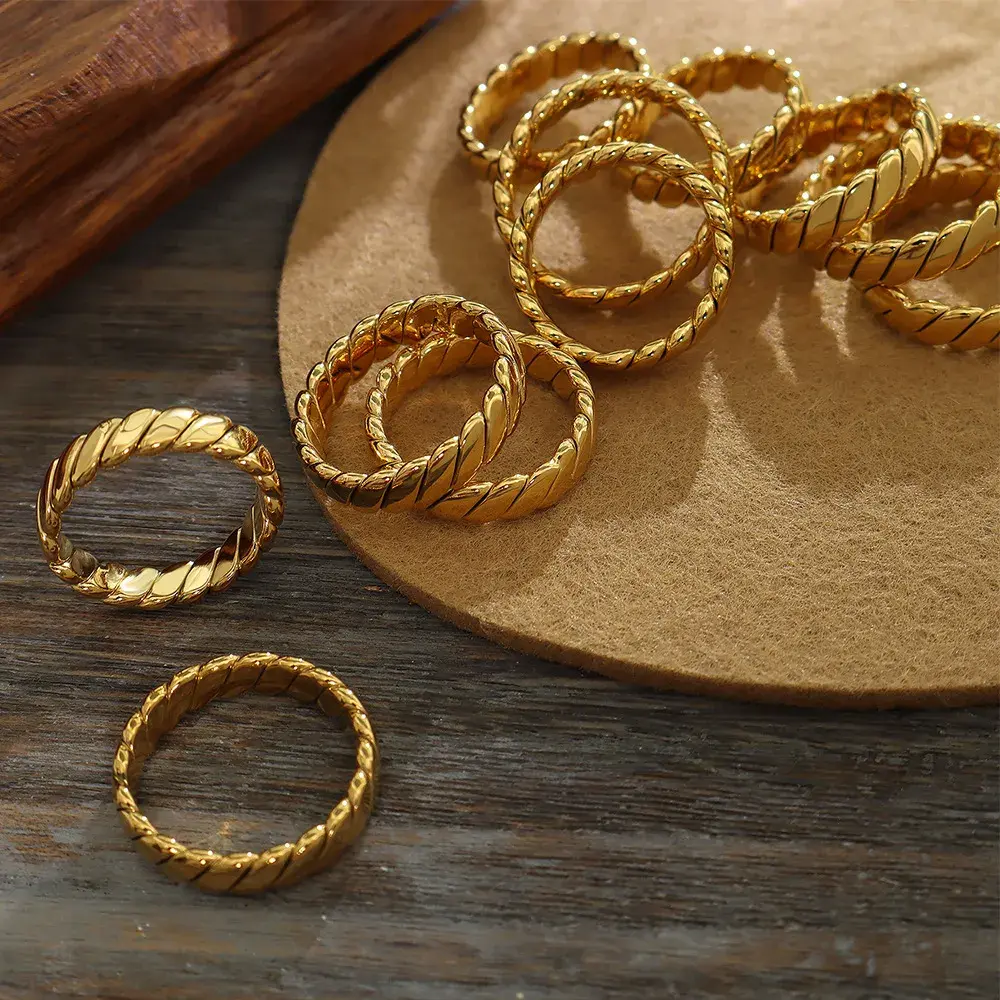 Handcrafted Twist Titanium Steel Ring - 18K Gold Plated Minimalist Band