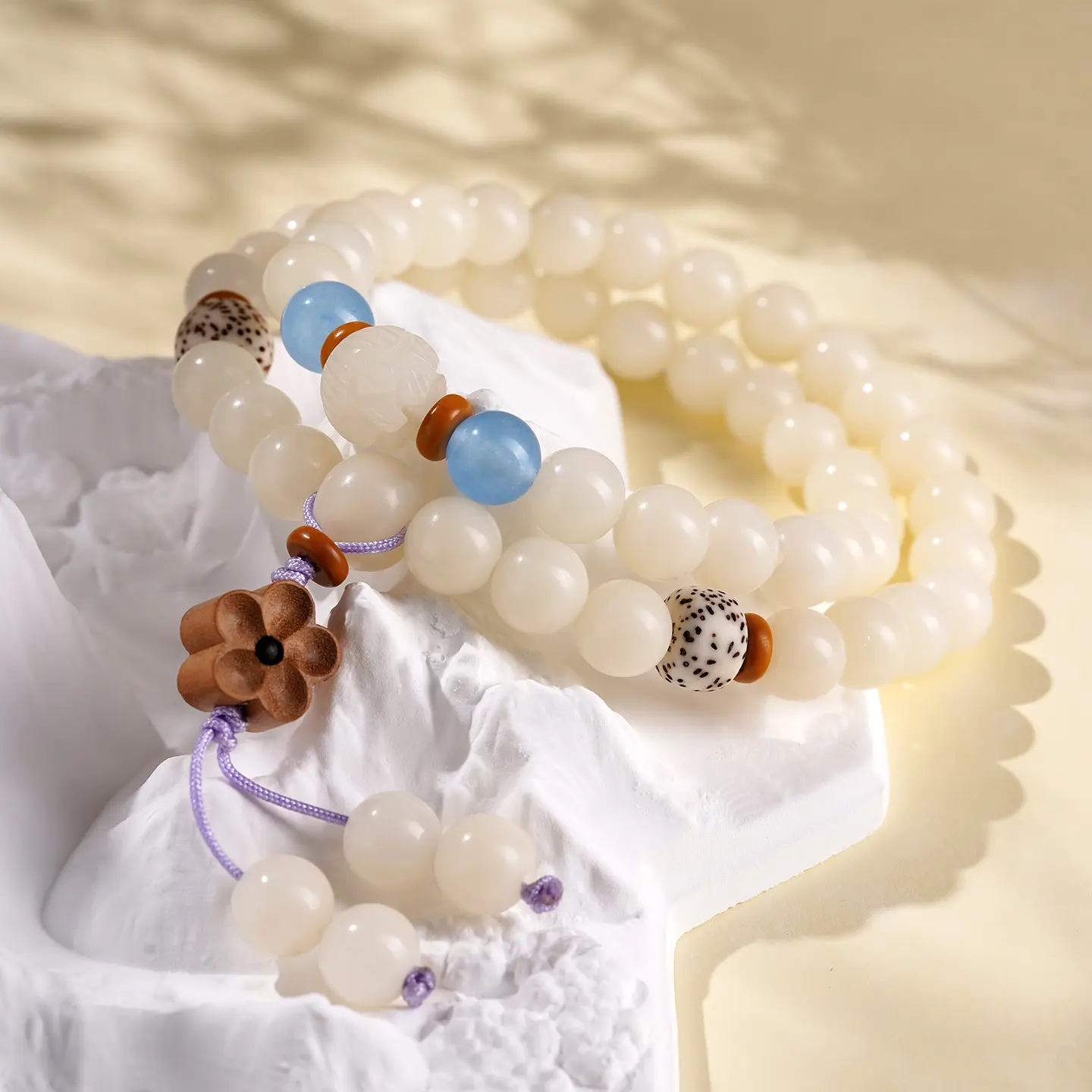 Handcrafted White Bodhi Seed Double-Wrap Bracelet Blue Chalcedony Amulet