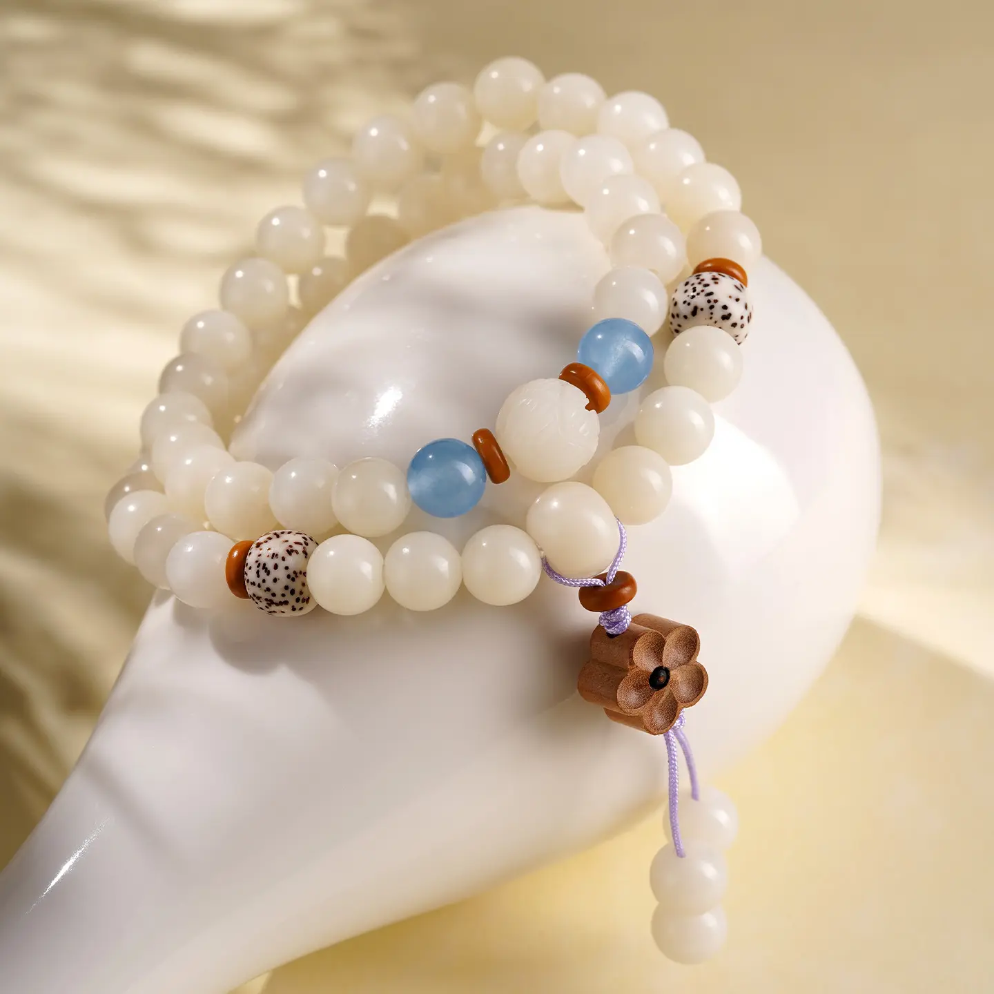 Handcrafted White Bodhi Seed Double-Wrap Bracelet Blue Chalcedony Amulet