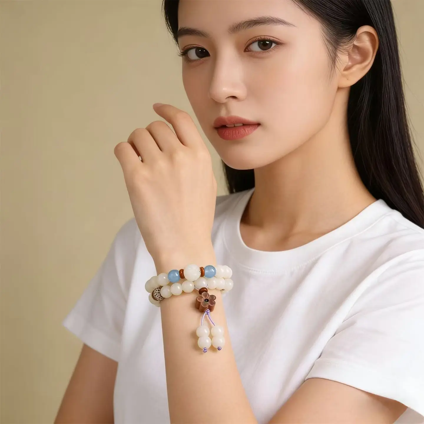 Handcrafted White Bodhi Seed Double-Wrap Bracelet Blue Chalcedony Amulet