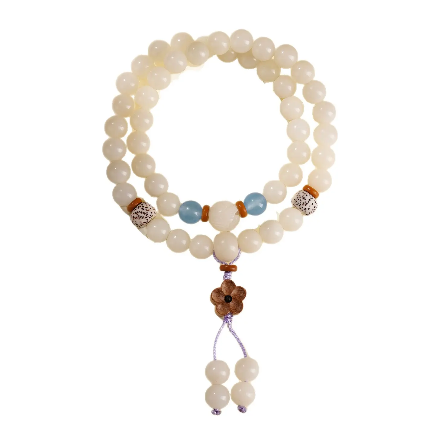 Handcrafted White Bodhi Seed Double-Wrap Bracelet Blue Chalcedony Amulet