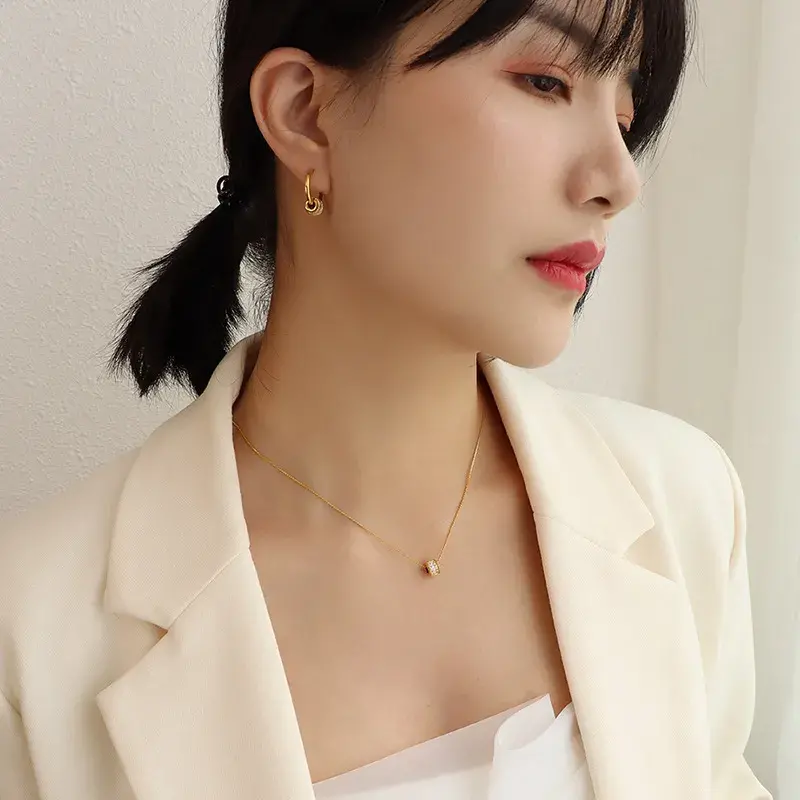 Minimalist Titanium Steel Cylinder Jewelry Set - Necklace & Hoop Earrings