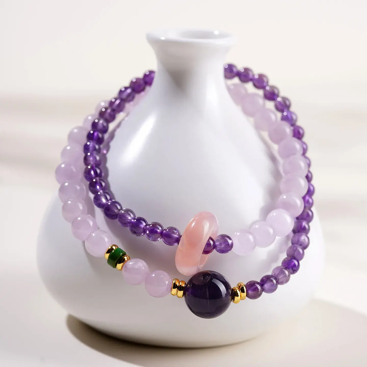 Natural Amethyst & Kunzite Bracelet - Handcrafted Success & Serenity Amulet