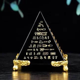 Natural Black Obsidian Pyramid Statue - Hand-Engraved Protection Decor
