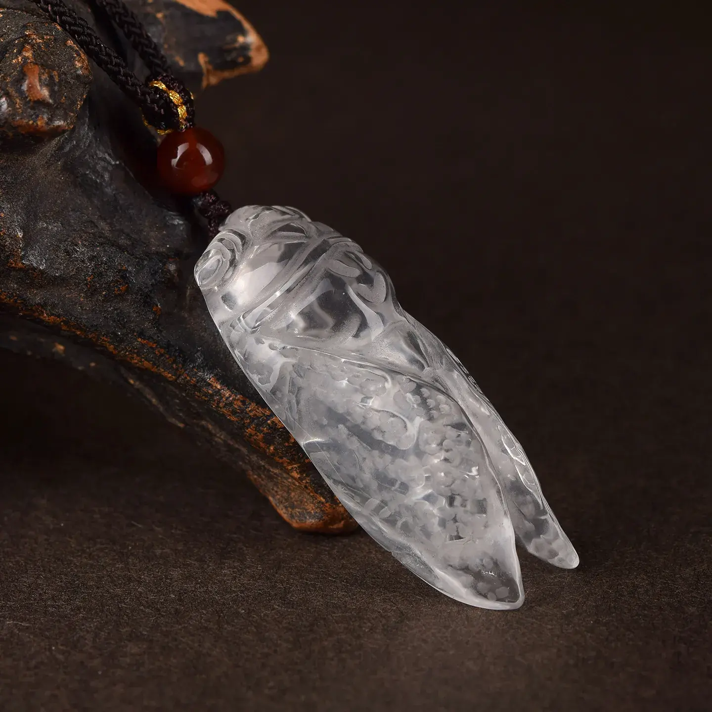 Natural Clear Quartz Cicada Pendant - Hand-Carved Success & Rebirth Amulet