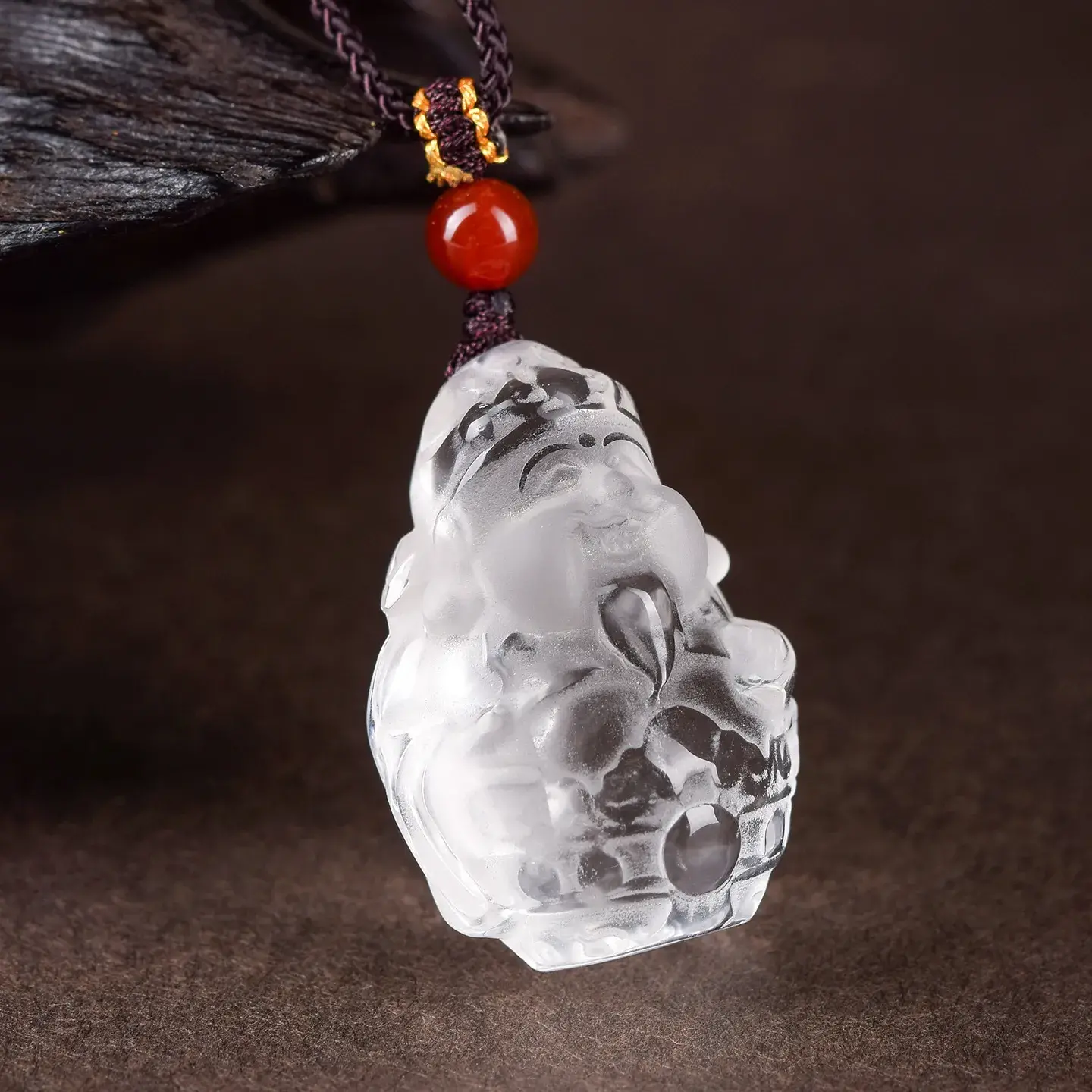 Natural Clear Quartz God of Wealth Pendant - Hand-Carved Prosperity Amulet