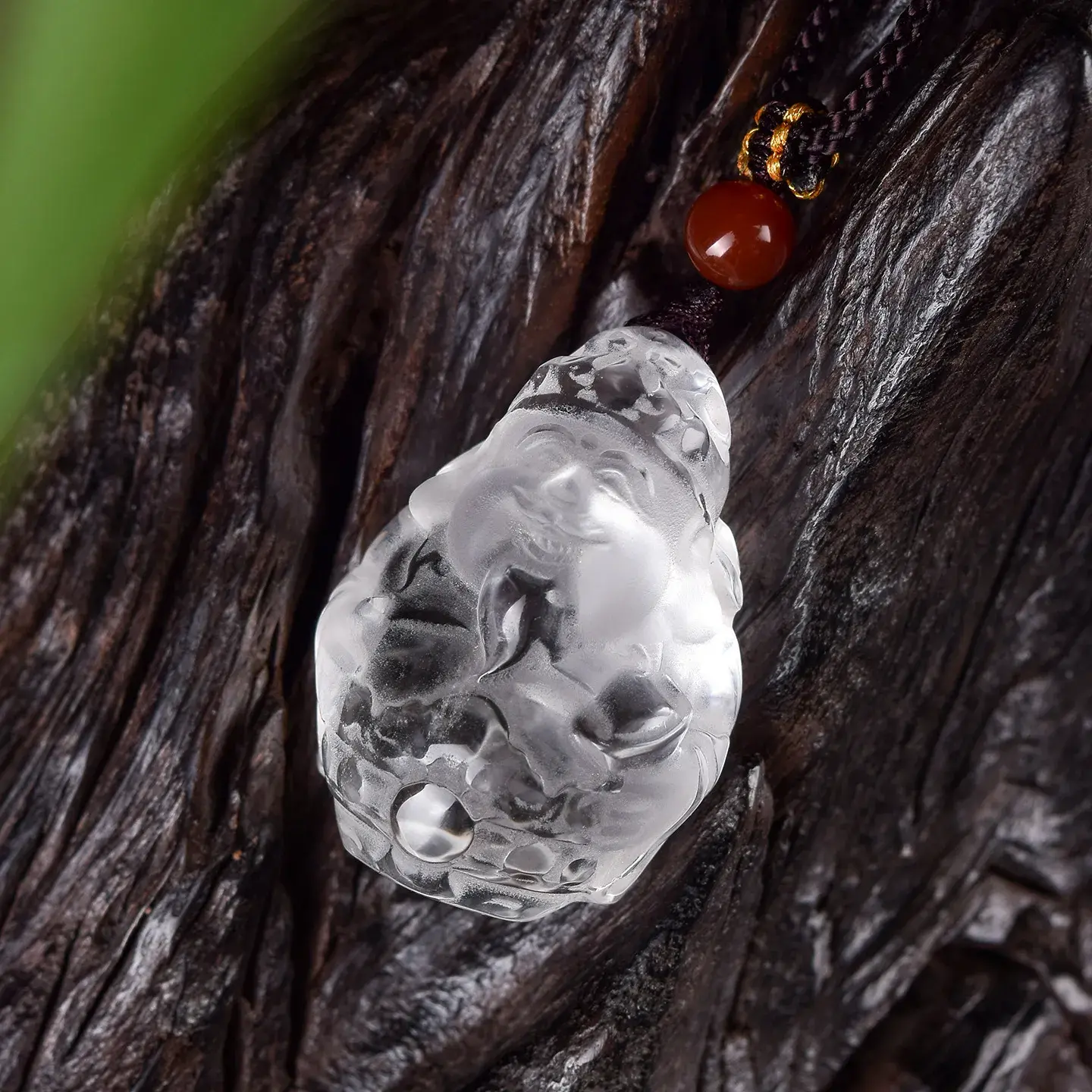 Natural Clear Quartz God of Wealth Pendant - Hand-Carved Prosperity Amulet