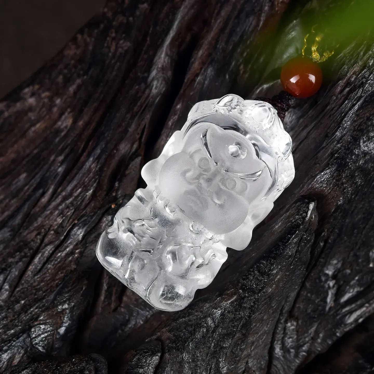 Natural Clear Quartz Military God of Wealth Necklace - Hand-Carved Amulet