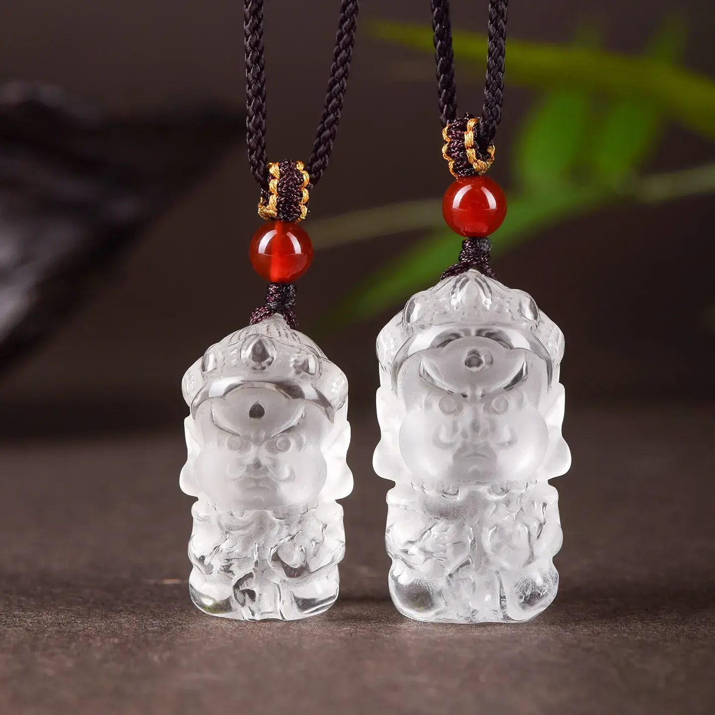 Natural Clear Quartz Military God of Wealth Necklace - Hand-Carved Amulet