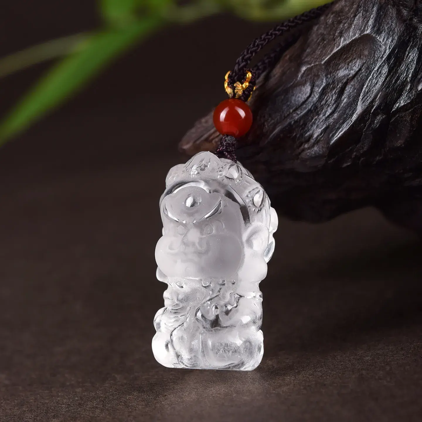 Natural Clear Quartz Military God of Wealth Necklace - Hand-Carved Amulet