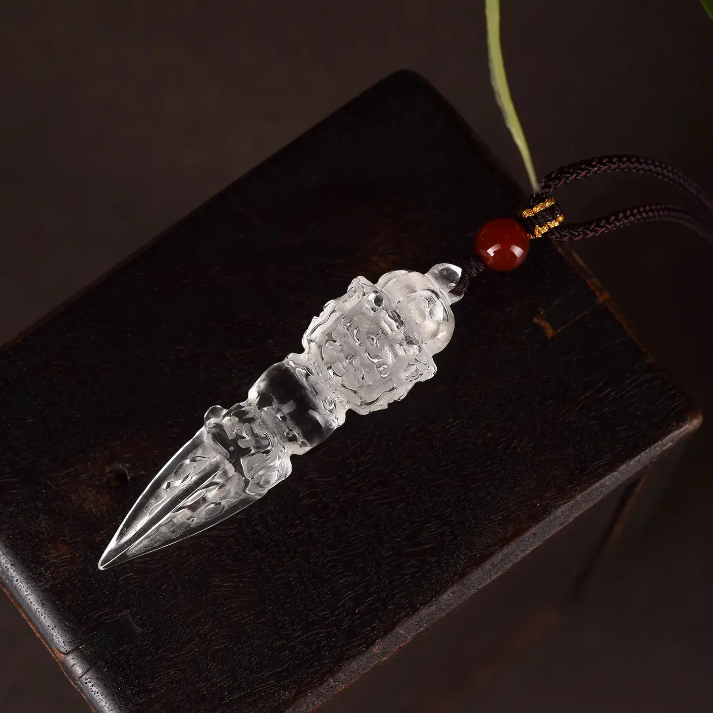 Natural Clear Quartz Vajra Phurba Pendant - Hand-Carved Protection Amulet