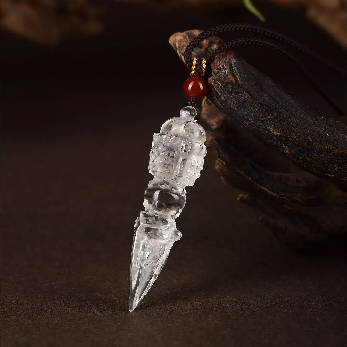 Natural Clear Quartz Vajra Phurba Pendant - Hand-Carved Protection Amulet