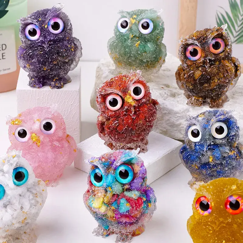 Natural Gemstone Owl Statue - Handcrafted Crystal Wisdom Guardian