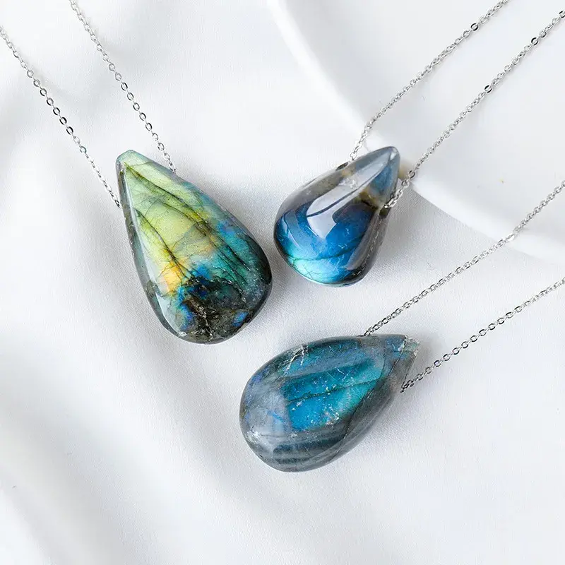 Natural Labradorite Teardrop Necklace - Handcrafted Blue Fire Amulet