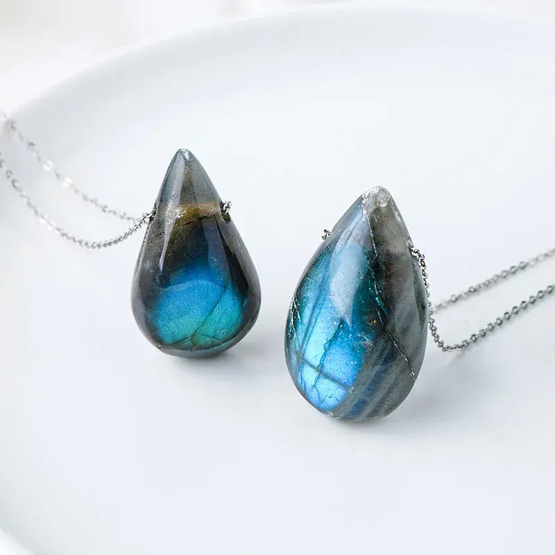 Natural Labradorite Teardrop Necklace - Handcrafted Blue Fire Amulet