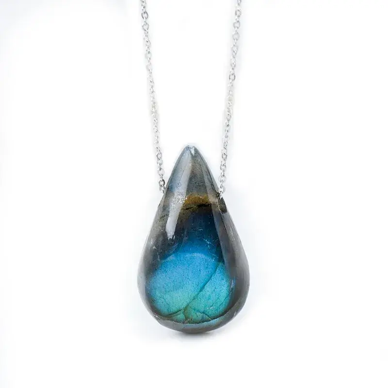 Natural Labradorite Teardrop Necklace - Handcrafted Blue Fire Amulet