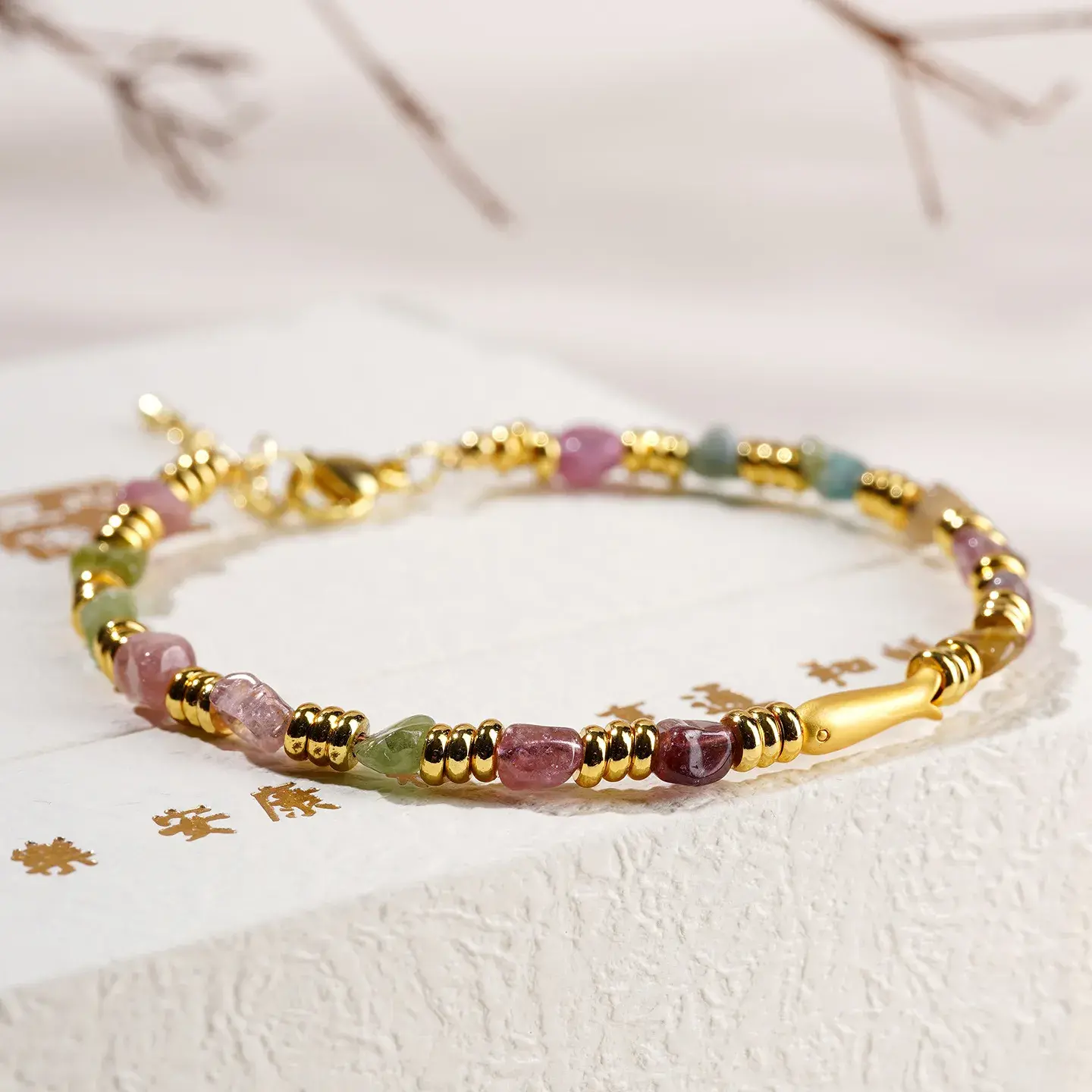 Natural Raw Tourmaline Goldfish Bracelet - Handcrafted Rainbow Stone