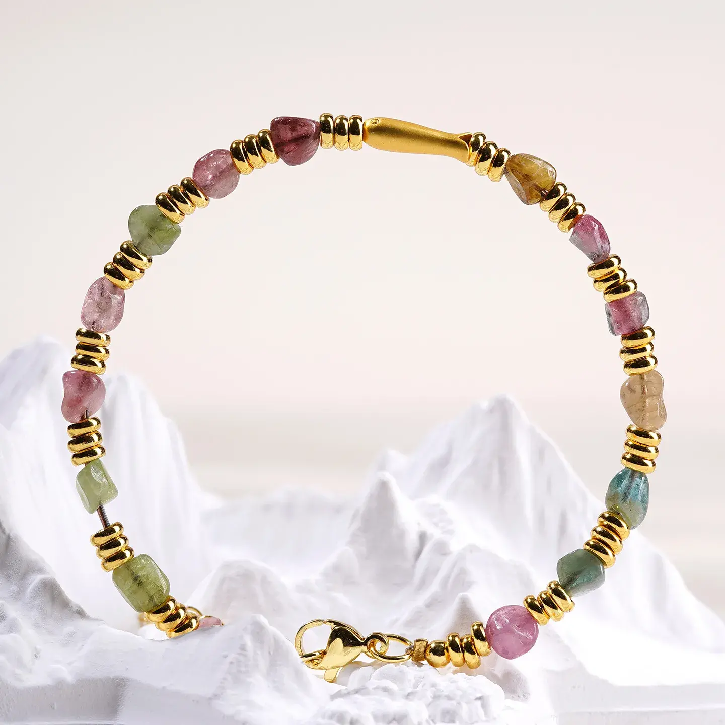 Natural Raw Tourmaline Goldfish Bracelet - Handcrafted Rainbow Stone