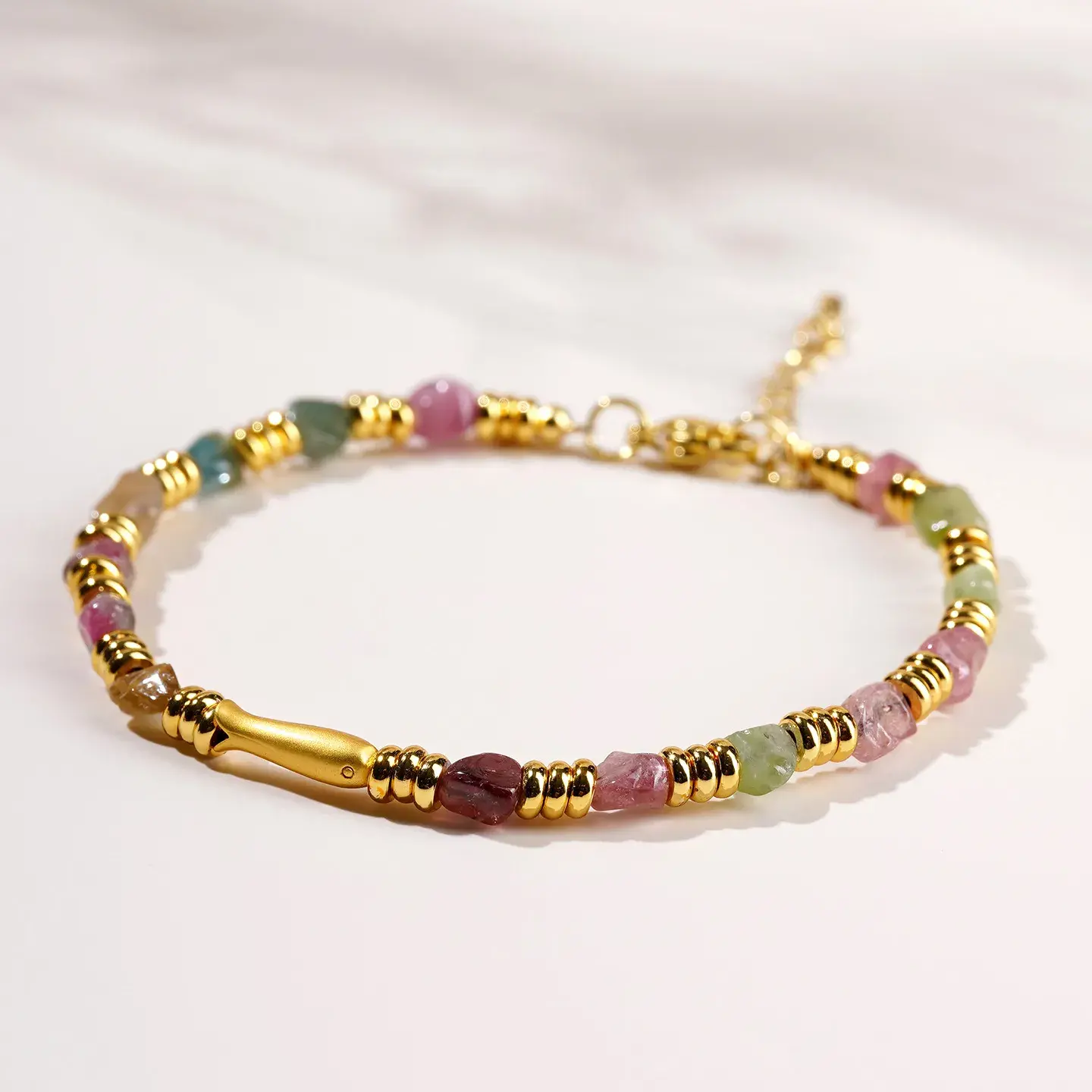 Natural Raw Tourmaline Goldfish Bracelet - Handcrafted Rainbow Stone