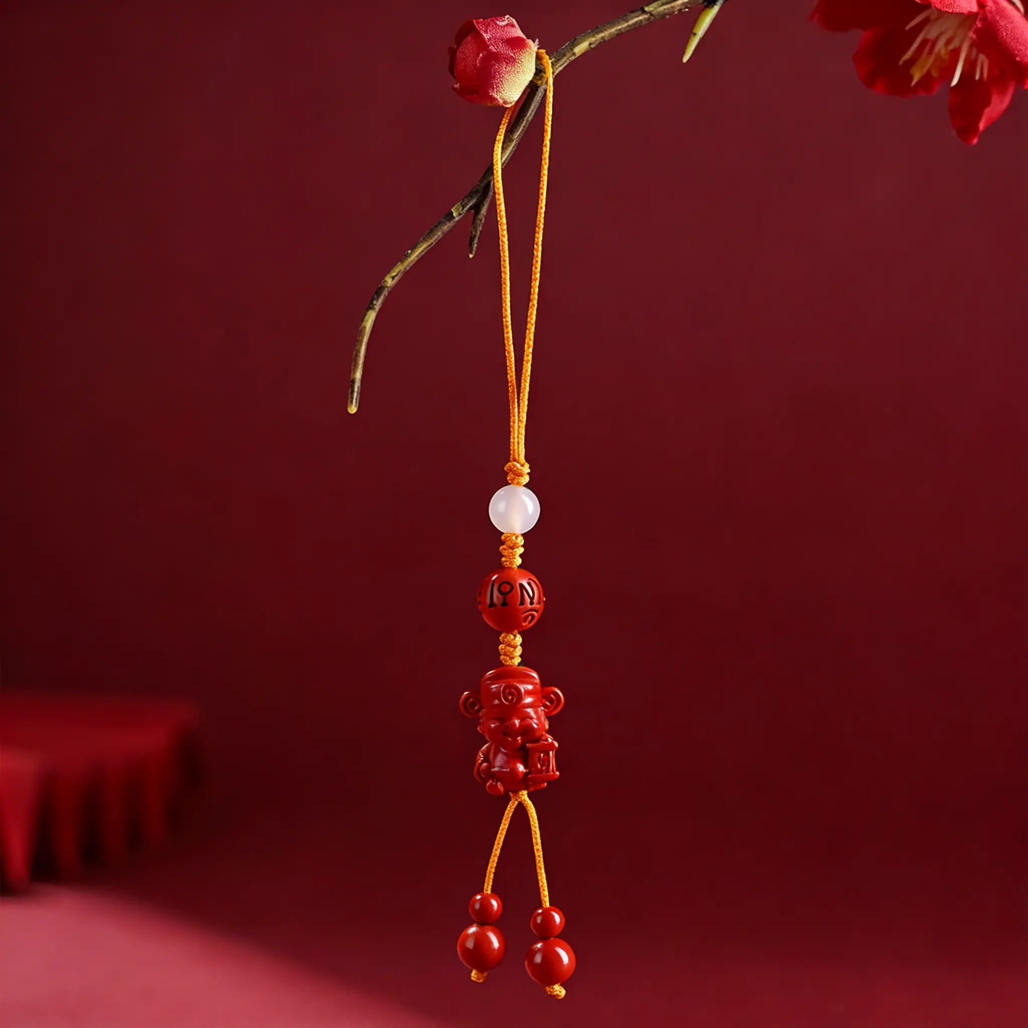 Natural Red Cinnabar God of Wealth Phone Charm | White Agate & Mantra Amulet