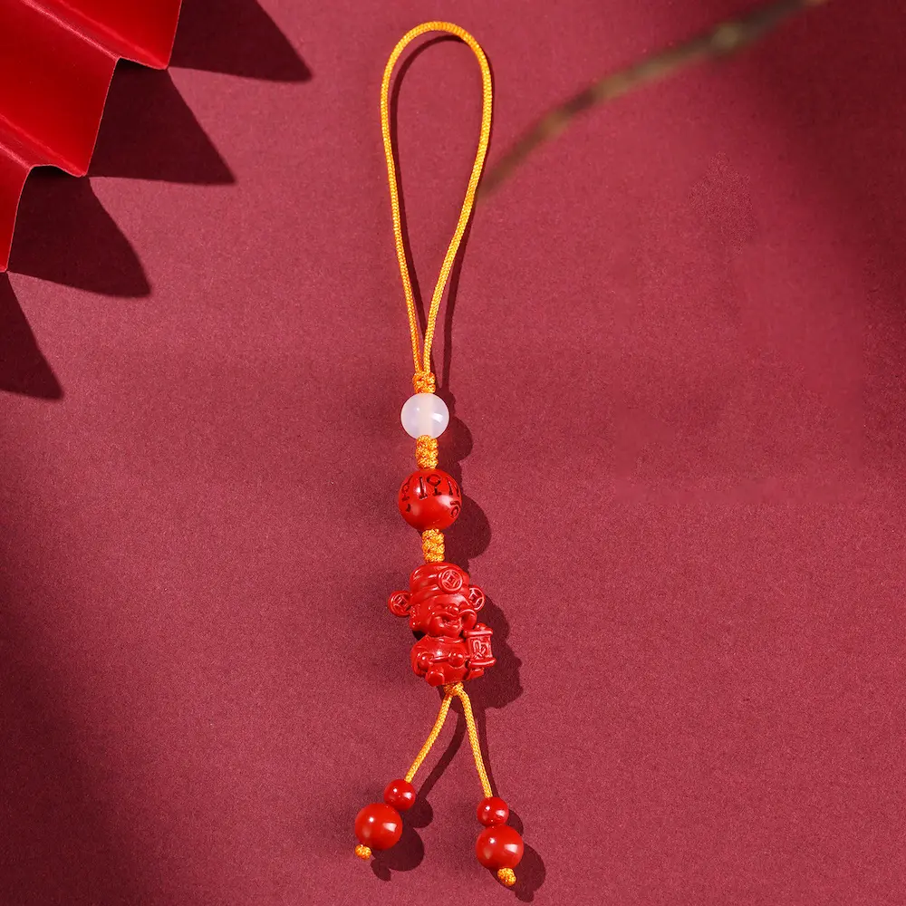Natural Red Cinnabar God of Wealth Phone Charm | White Agate & Mantra Amulet