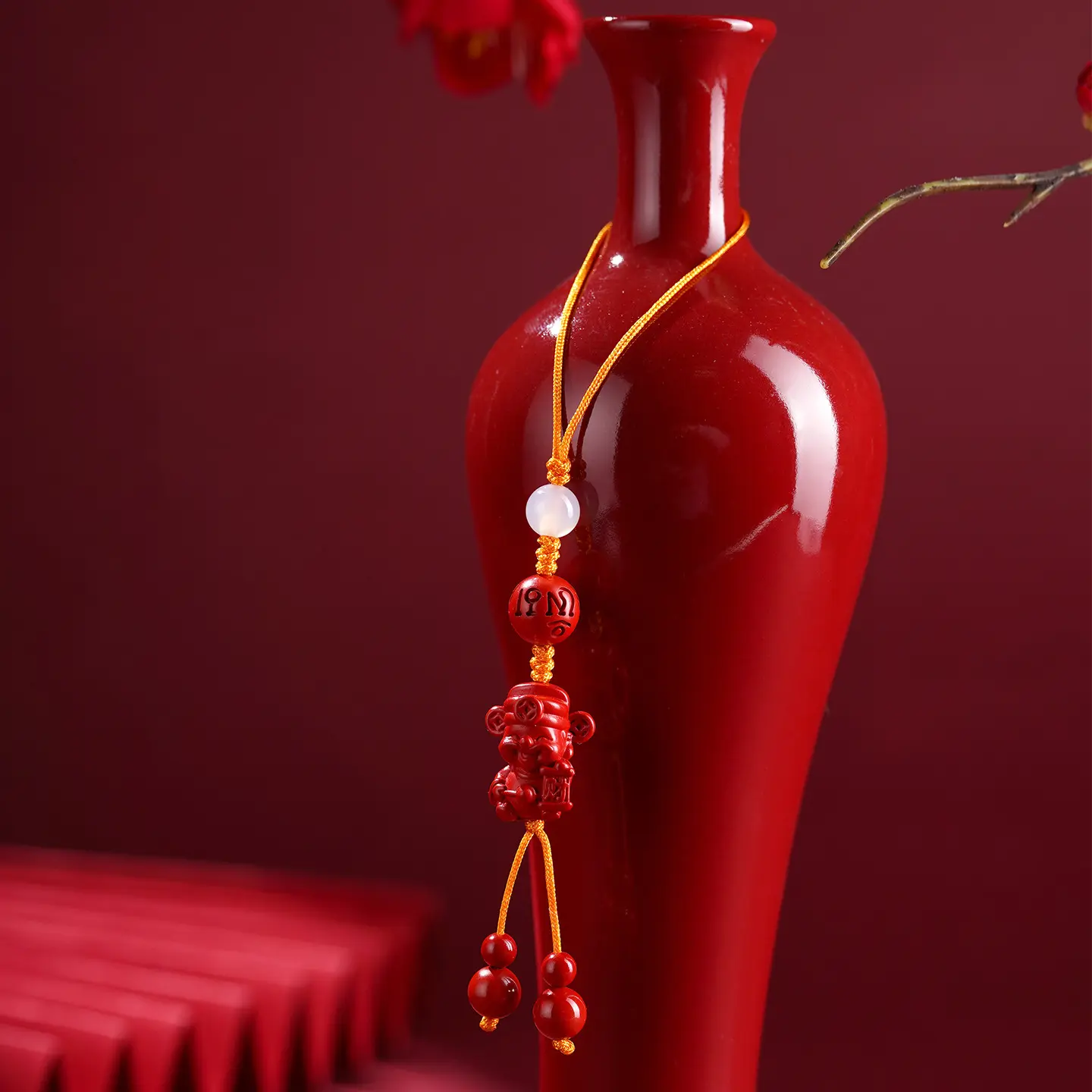 Natural Red Cinnabar God of Wealth Phone Charm | White Agate & Mantra Amulet