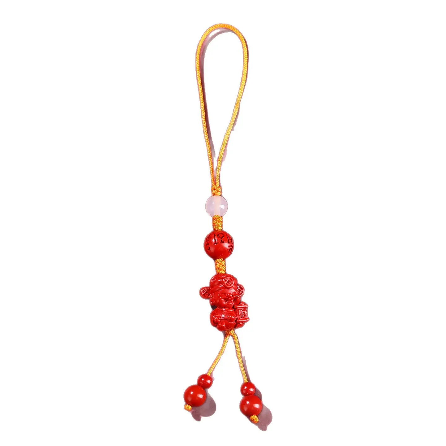 Natural Red Cinnabar God of Wealth Phone Charm | White Agate & Mantra Amulet