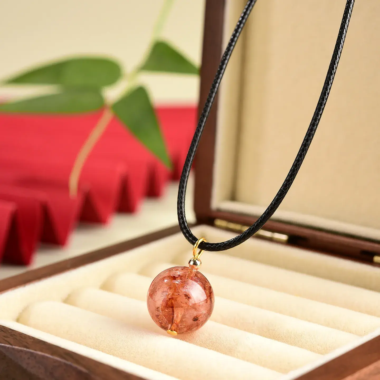Natural Red Hematoid Quartz Necklace - Handcrafted Red Jiao Hua Amulet