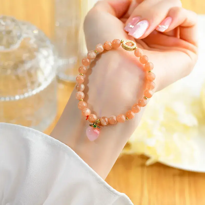 Natural Sunstone Bracelet with Peach Charm - Handcrafted Vitality Jewelry