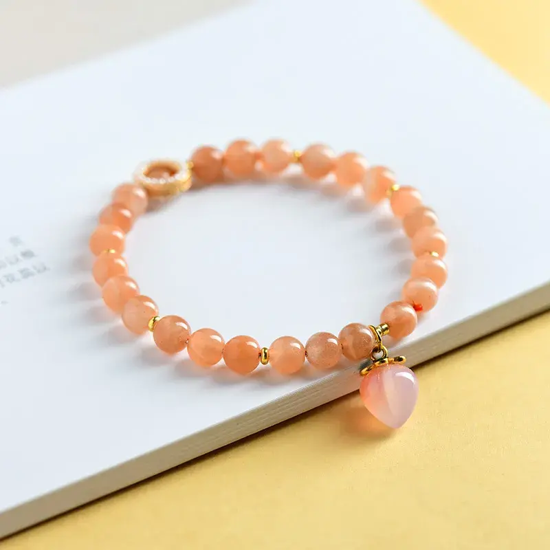 Natural Sunstone Bracelet with Peach Charm - Handcrafted Vitality Jewelry