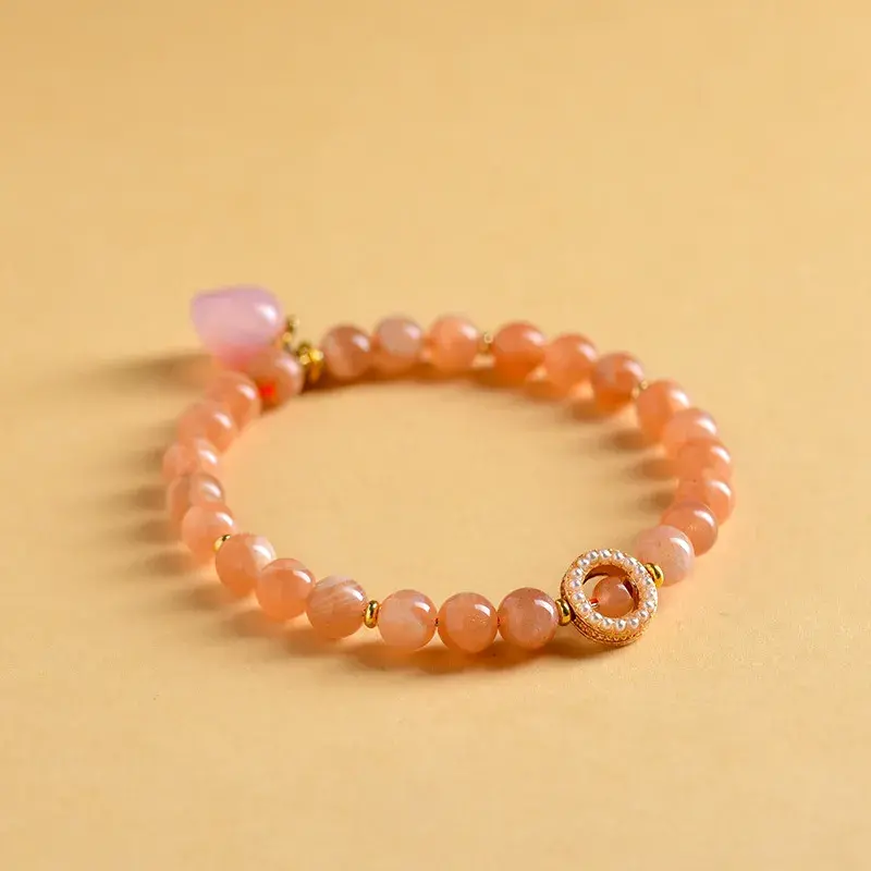 Natural Sunstone Bracelet with Peach Charm - Handcrafted Vitality Jewelry