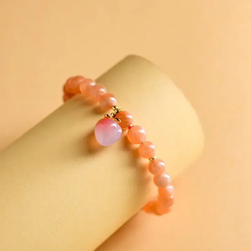 Natural Sunstone Bracelet with Peach Charm - Handcrafted Vitality Jewelry