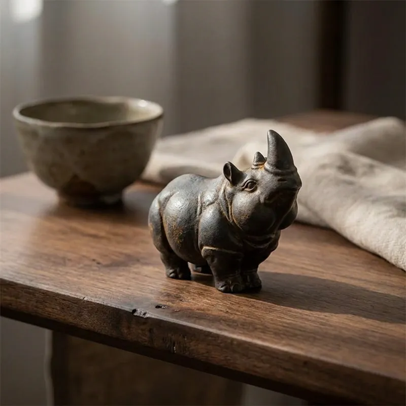 Natural Rust Iron & Resin Rhino Figurine for Home Protection & Wealth Guarding-2