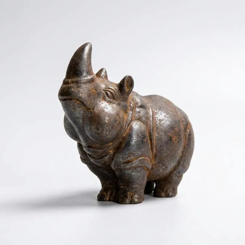 Natural Rust Iron & Resin Rhino Figurine for Home Protection & Wealth Guarding-3